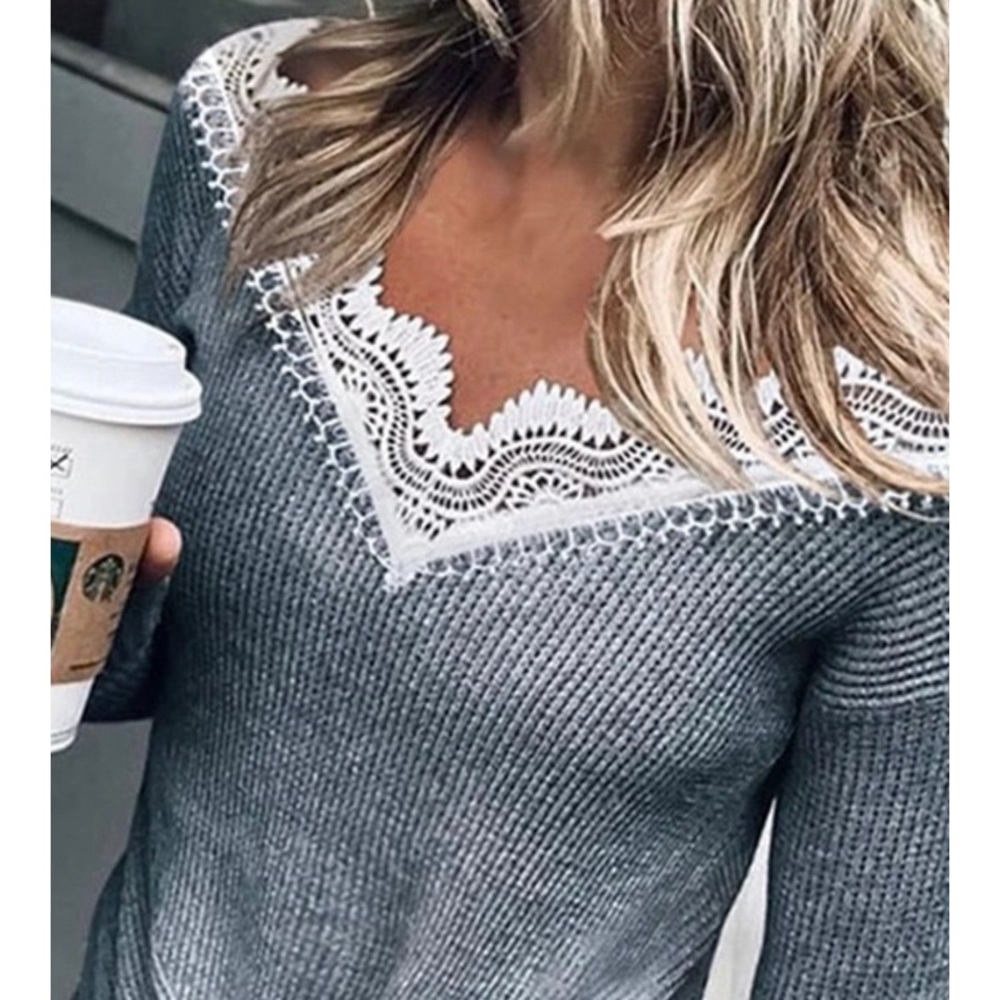 Lace Trim Twisted Long Sleeve Sweater - Picture 2 of 5